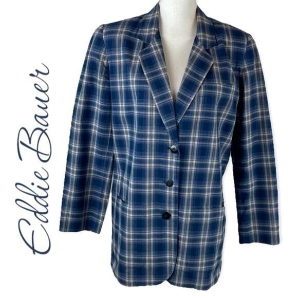 Eddie Bauer Blue Plaid Oversized 100% Cotton Academia Grandpa Blazer Size S - Picture 2 of 11